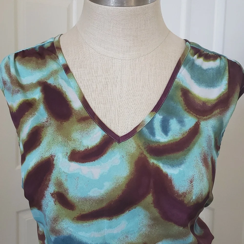 LOFT Teal Maroon Print Dress V-neck Cinched Waist Retro Flair SIZE 6P PETITE